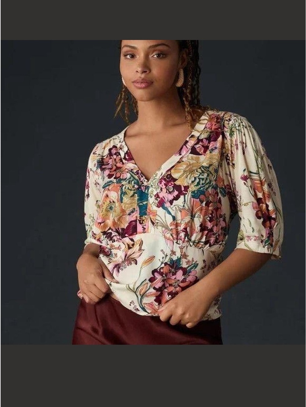 Anthropologie Tiny Adelaide Cream Floral V‑Neck Blouse with Smocked Puff Sleeves